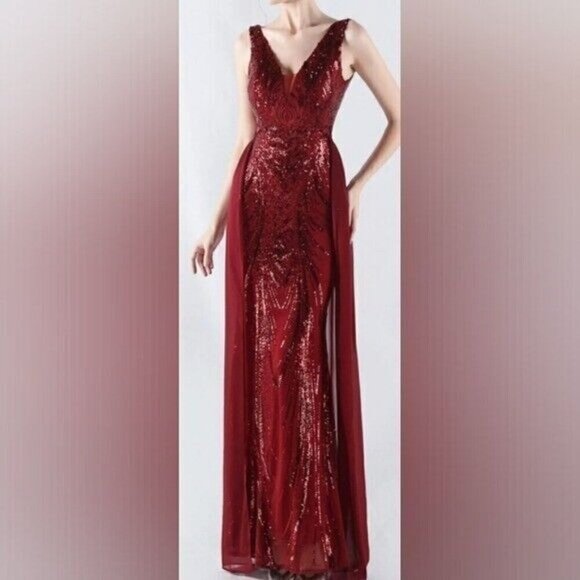 Red, Double V, Beaded Back, Draped Skirt, Sequined Mermaid Gown - Picture 4 of 15